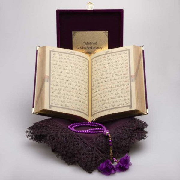 Shawl + Prayer Rug + Prayer Beads + Quran Set (Hafiz Size, Plaque Box, Purple)