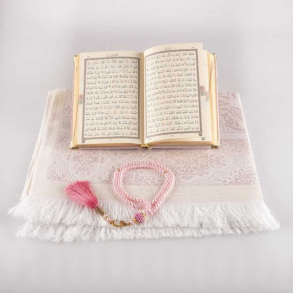 Prayer Mat + Prayer Beads + Quran Gift Set (Bag Size, Velvet, Powder Pink)