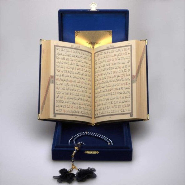 Prayer Beads + Quran Gift Set (Rahle Size, Plaque Boxed, Dark Blue)