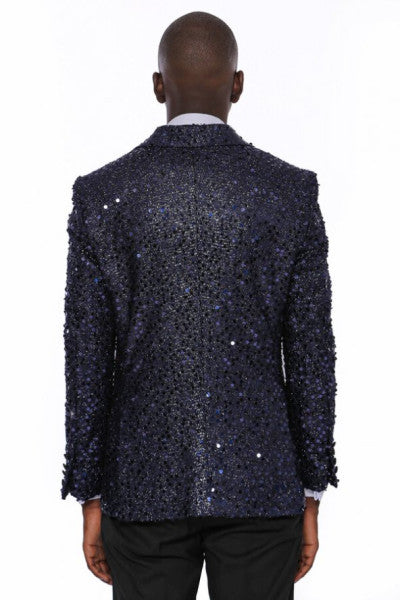 Sequin Patterned Navy Blue Tuxedo Jacket Wessi