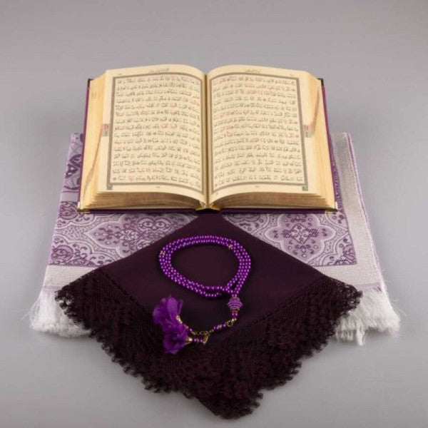 Shawl + Prayer Rug + Prayer Beads + Quran Gift Set (Hafiz Size, Velvet, Purple)