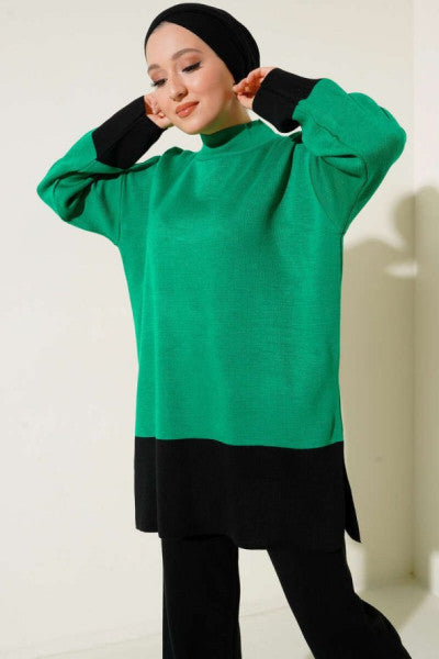 Color Gradient Casual Knitwear Double Suit Green