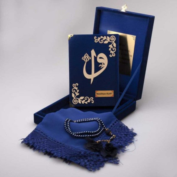 Shawl + Prayer Beads + Quran Set (Hafiz Size, Plaque Boxed, Dark Blue)