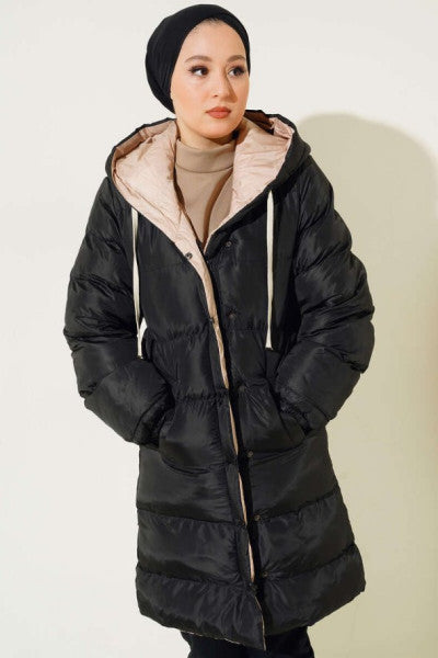 Zippered Puffer Coat with Snap Buttons Black Beige