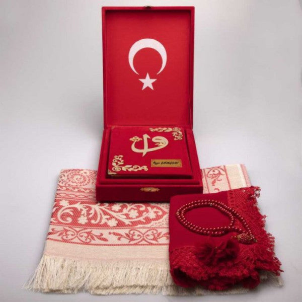 Shawl + Prayer Rug + Prayer Beads + Quran Set (Bag, Plaque Box, Red)