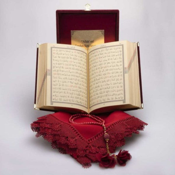 Shawl + Prayer Rug + Prayer Beads + Quran Set (Hafiz Size, Plaque Box, Claret Red)