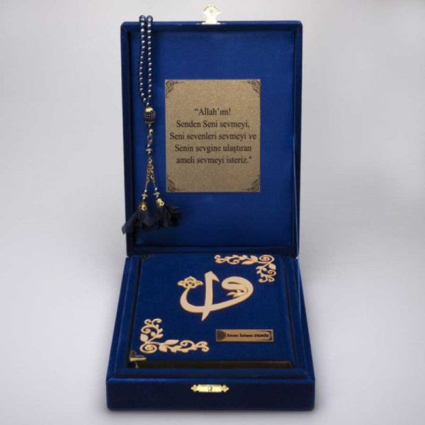Prayer Beads + Quran Gift Set (Rahle Size, Plaque Boxed, Dark Blue)