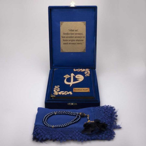 Shawl + Prayer Beads + Quran Set (Hafiz Size, Plaque Boxed, Dark Blue)