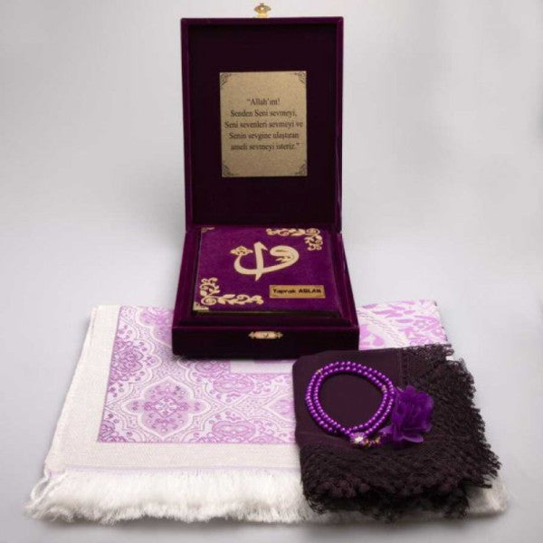 Shawl + Prayer Rug + Prayer Beads + Quran Set (Hafiz Size, Plaque Box, Purple)