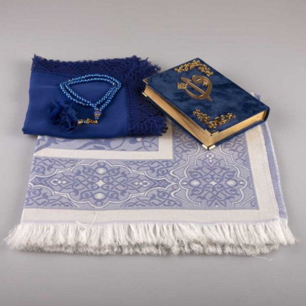 Shawl + Prayer Rug + Prayer Beads + Quran Gift Set (Bag Size, Velvet, Navy Blue)