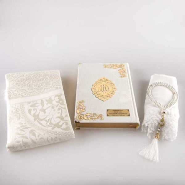 Shawl + Prayer Rug + Prayer Beads + Quran Gift Set (Hafiz Size, Velvet, White)