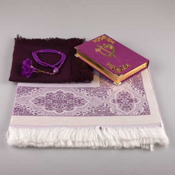 Shawl + Prayer Rug + Prayer Beads + Quran Gift Set (Bag Size, Velvet, Purple)