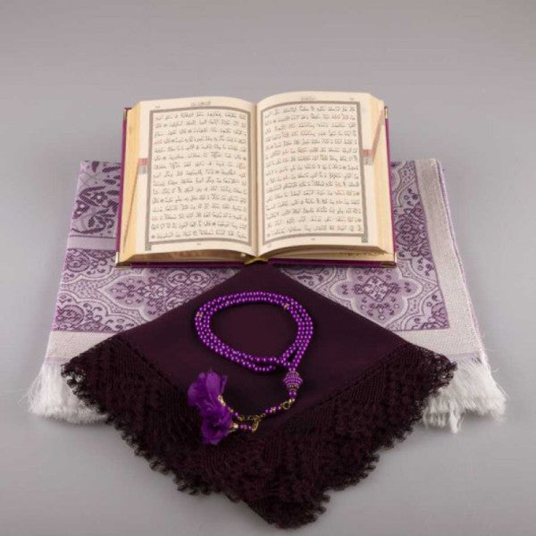 Shawl + Prayer Rug + Prayer Beads + Quran Gift Set (Bag Size, Velvet, Purple)