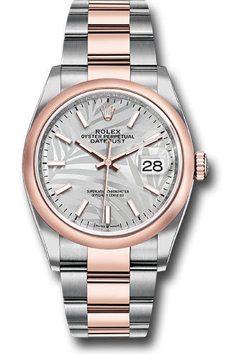 Rolex Everose Rolesor Datejust 36 Watch - Domed Bezel - Silver Palm Motif Index Dial - Oyster Bracelet - 126201 spmio