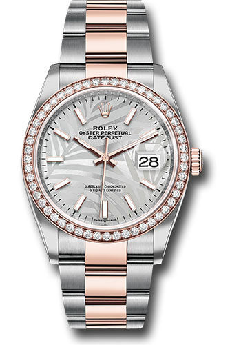 Rolex Everose Rolesor Datejust 36 Watch - Diamond Bezel - Silver Palm Motif Index Dial - Oyster Bracelet - 126281rbr spmio