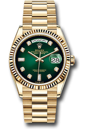 Rolex Yellow Gold Day-Date 36 Watch - Fluted Bezel - Green Ombre? Diamond Dial - President Bracelet - 128238 godp