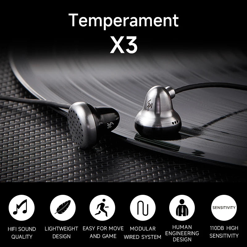 Temperament-X3 In Ear Flat Head Plug Earphones HIFI Wired Flat Headset