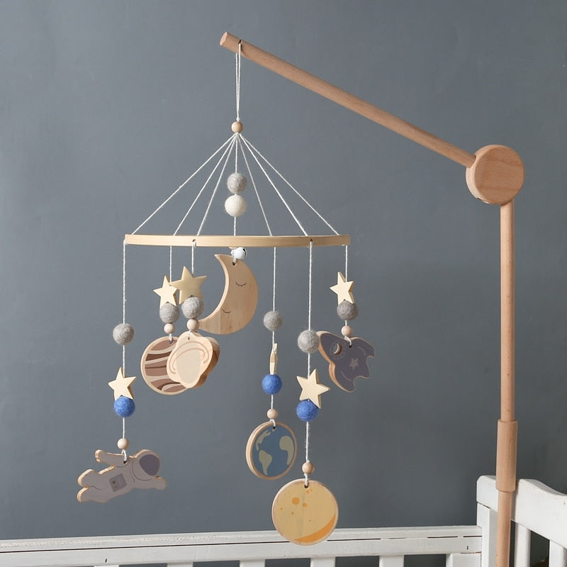 Space Themed Natural Wood Baby Crib Mobile