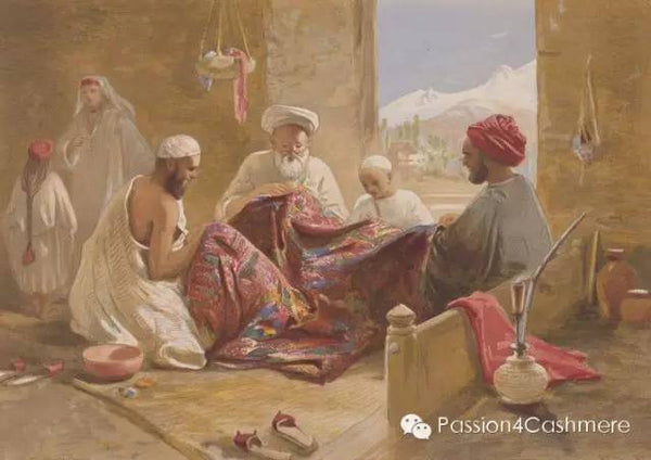 Photo of several male artists working on a Kashmir Shawl