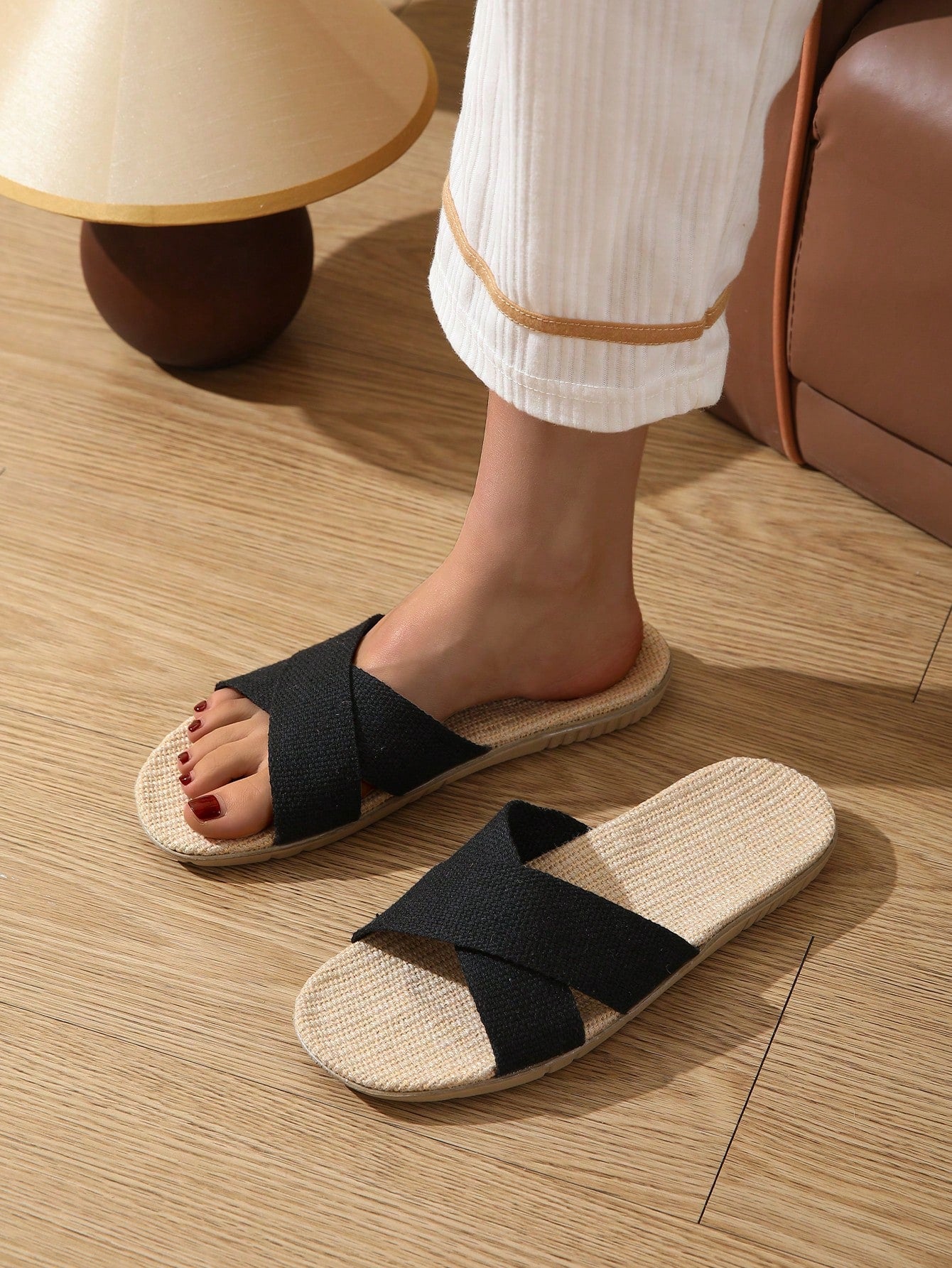Summer Ready: Open Toe Linen Slippers with Letter Crossing Straps