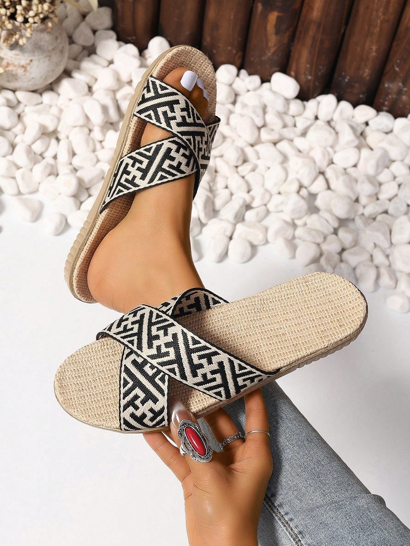 Summer Ready: Open Toe Linen Slippers with Letter Crossing Straps