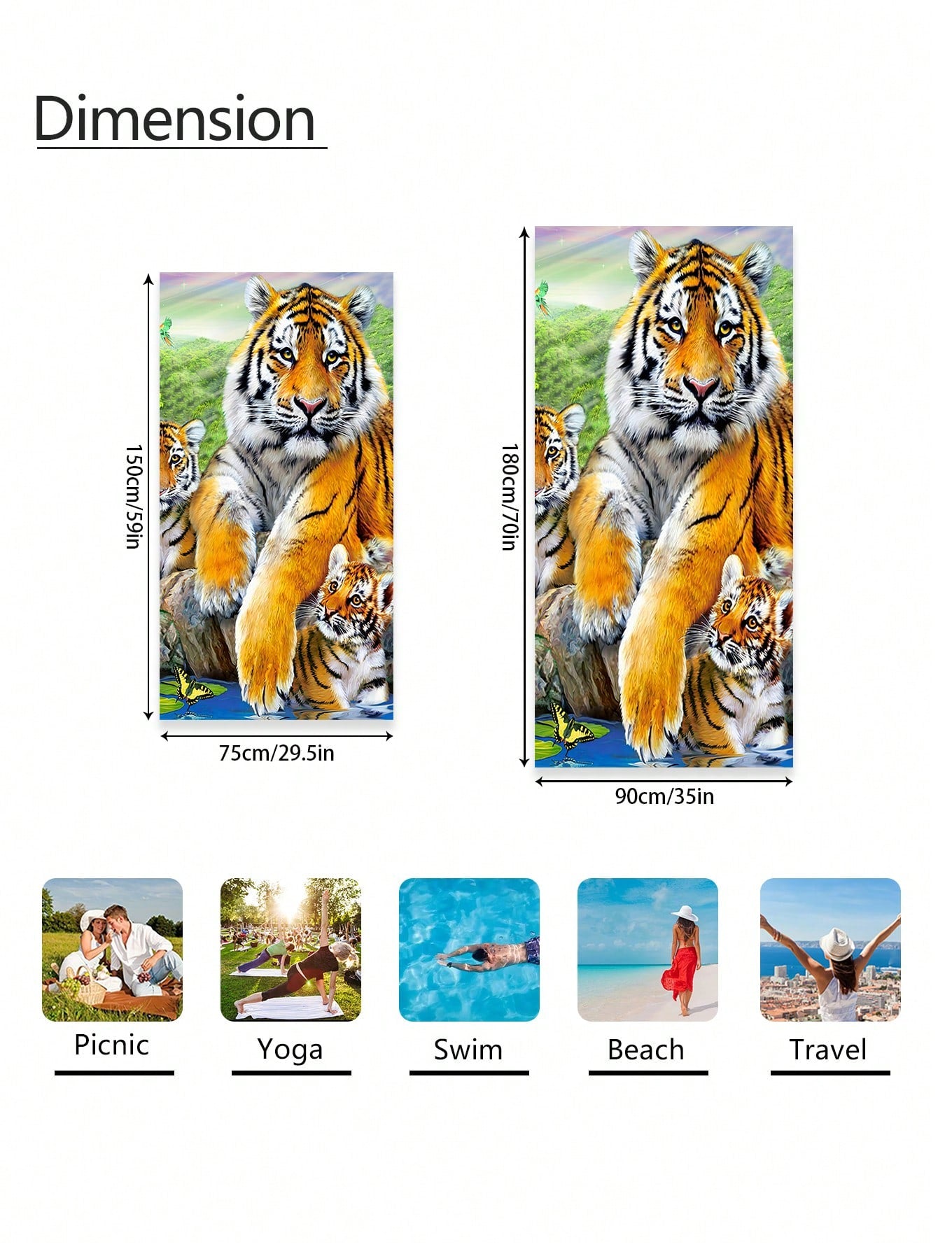 Ultimate Tiger Pattern Beach Towel: Super Absorbent Microfiber Blanket for Travel, Swimming, Yoga, Camping & More - Available in Various Sizes for Adults and Children