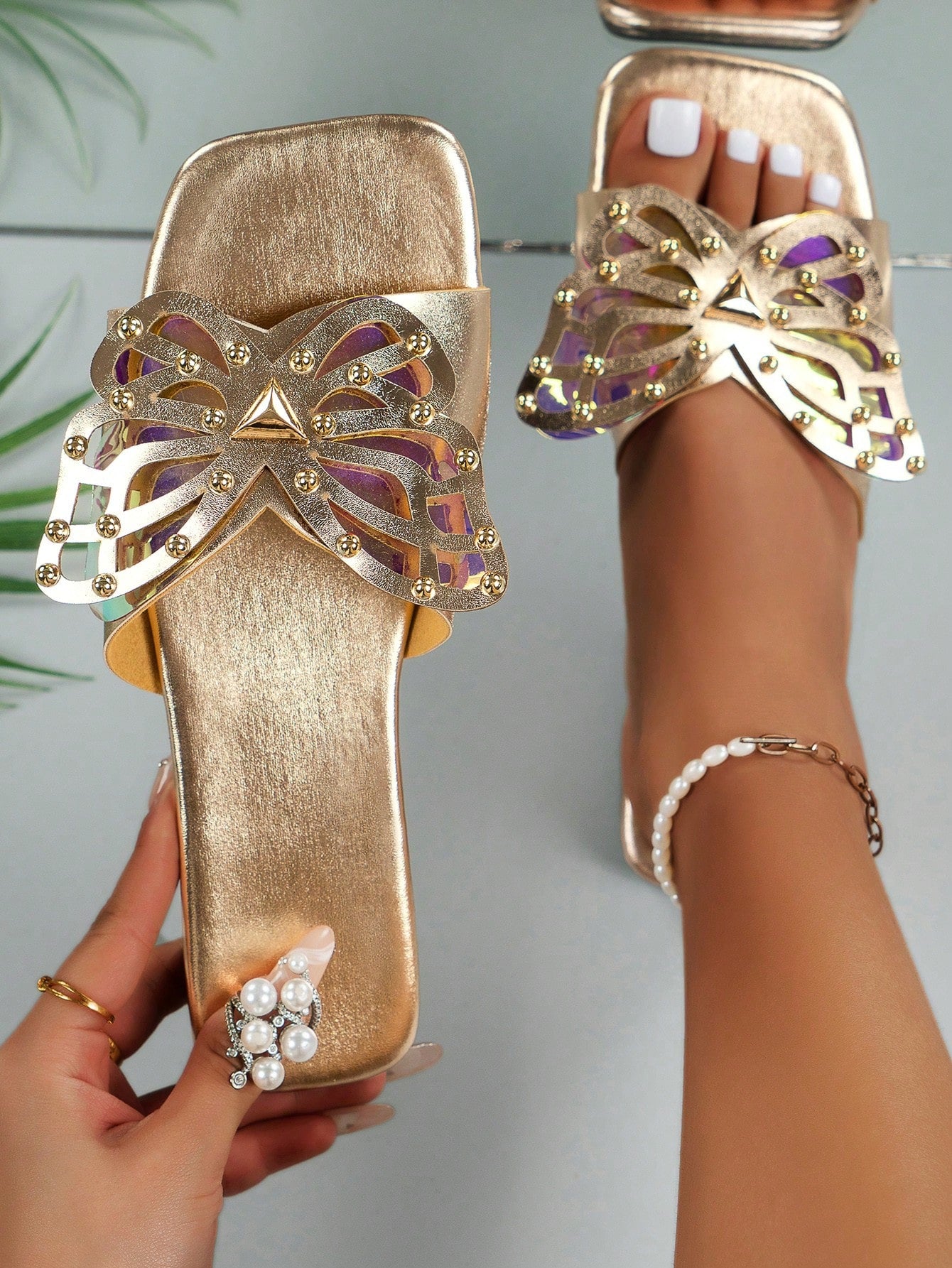 Solid Color Butterfly Decor Open Toe Fish Mouth Sandals: Fashionable and Comfortable Outdoor Slippers