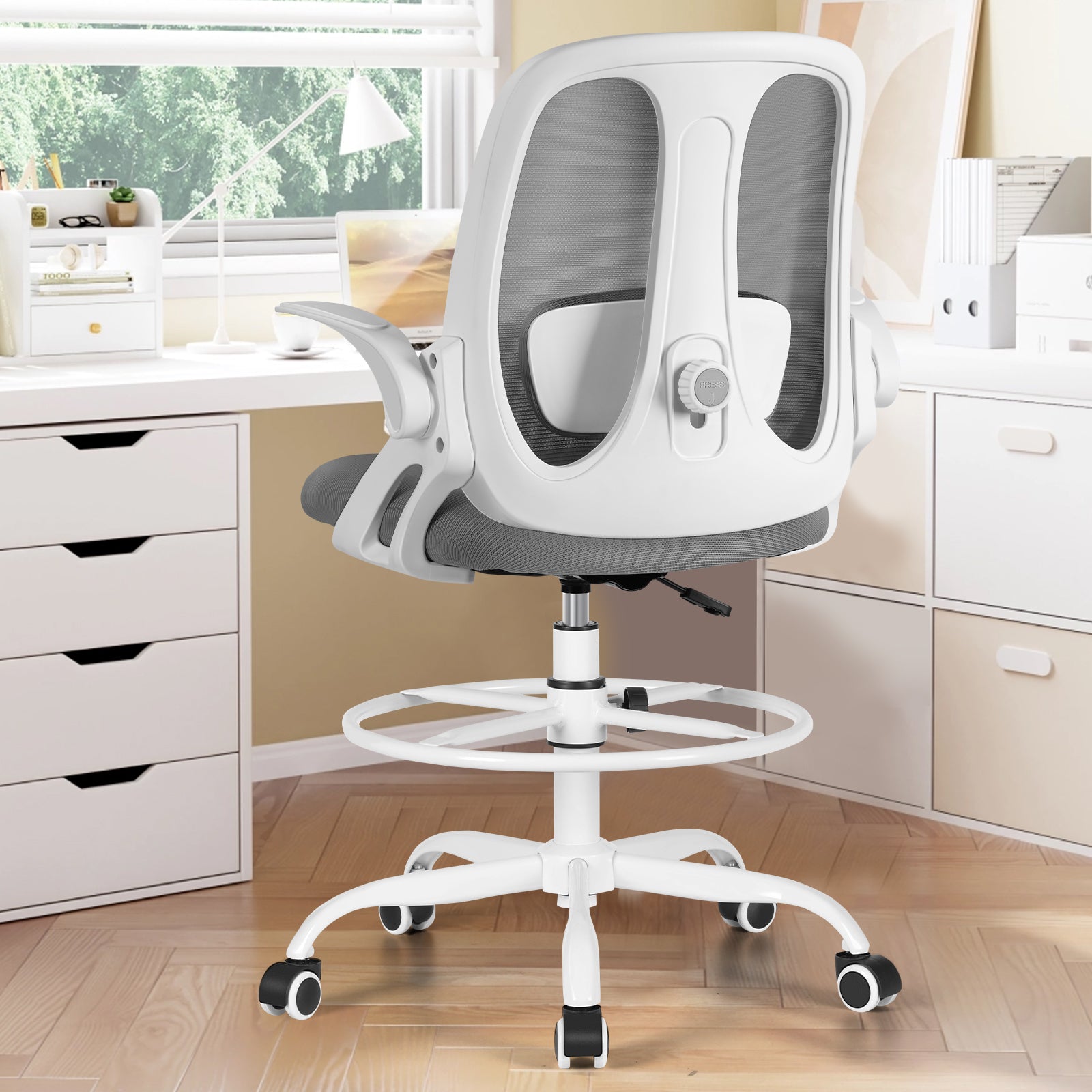 Adjustable Height Flip-Up Mesh Drafting Chair with Lumbar Support