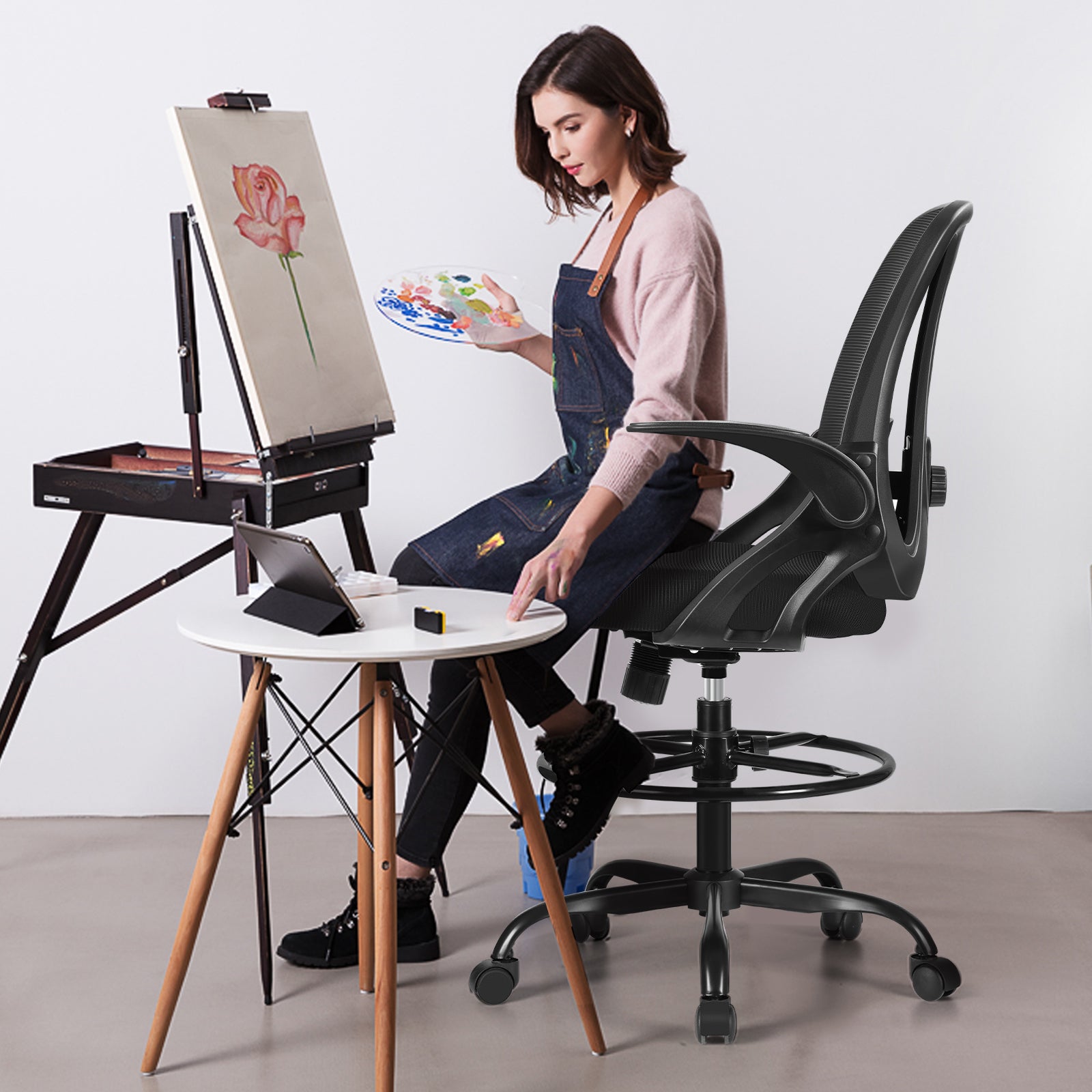 Adjustable Height Flip-Up Mesh Drafting Chair with Lumbar Support