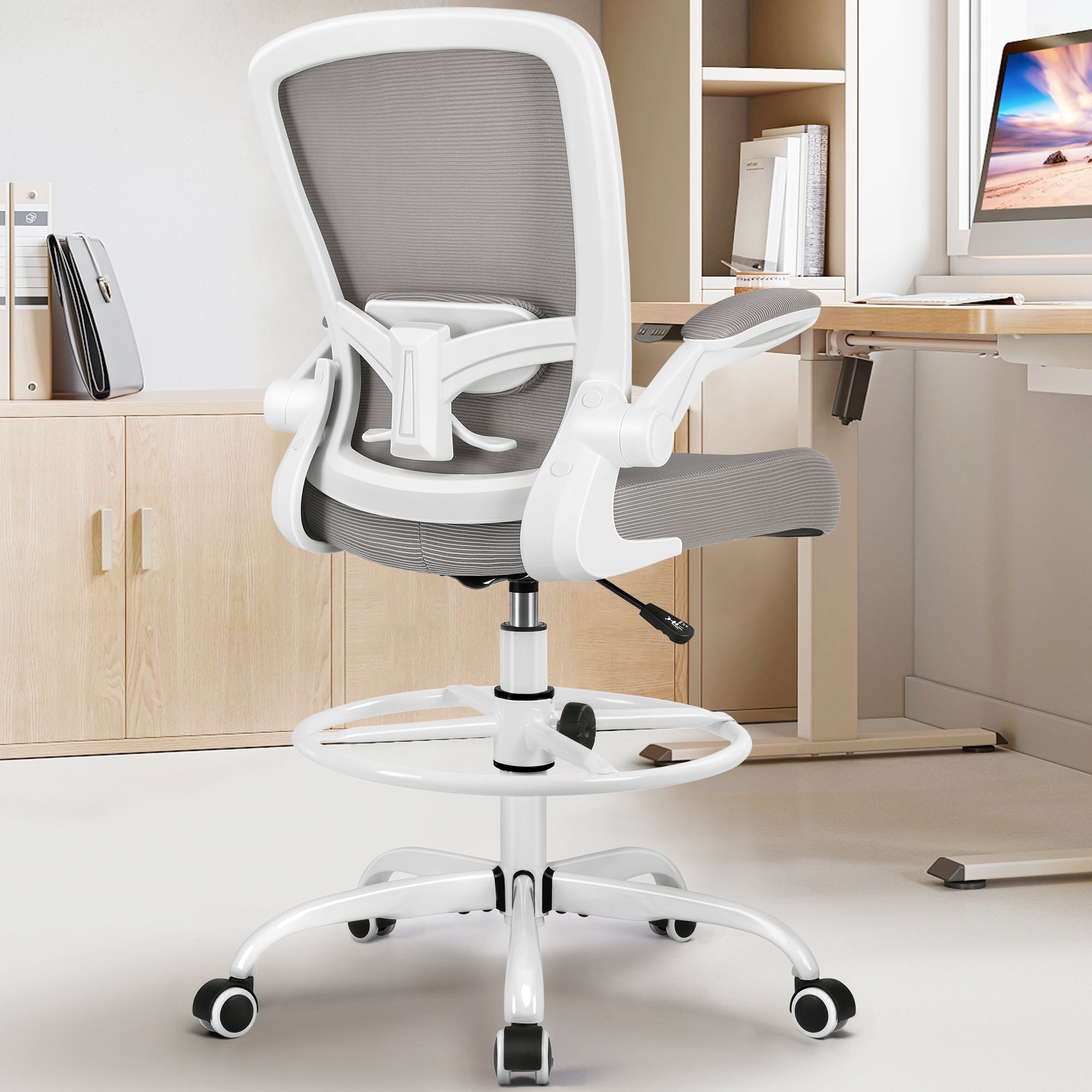 Ergonomic Drafting Chair with Adjustable Foot Ring and Flip-Up Arms