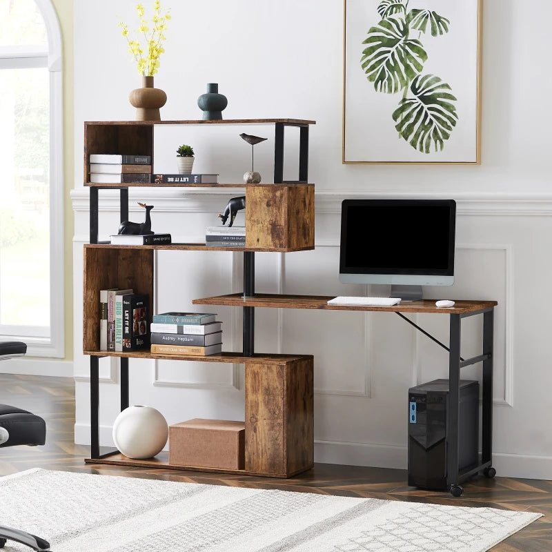 Home office computer desk L-shaped corner desk, rotating computer desk with 5-layer bookshelf, four installation methods,