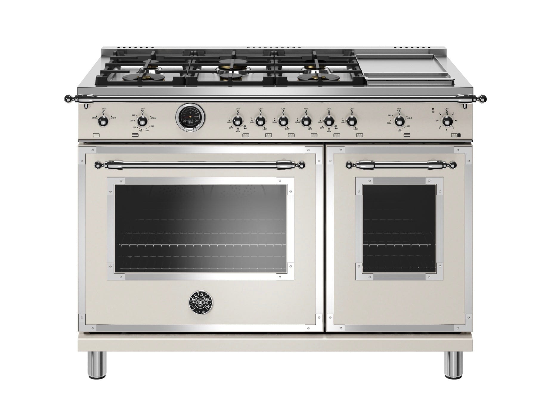 Bertazzoni Heritage 48 Inch Range & Electric Self Clean Oven With 6 Brass Burners & Griddle (HERT486GDFSXT)