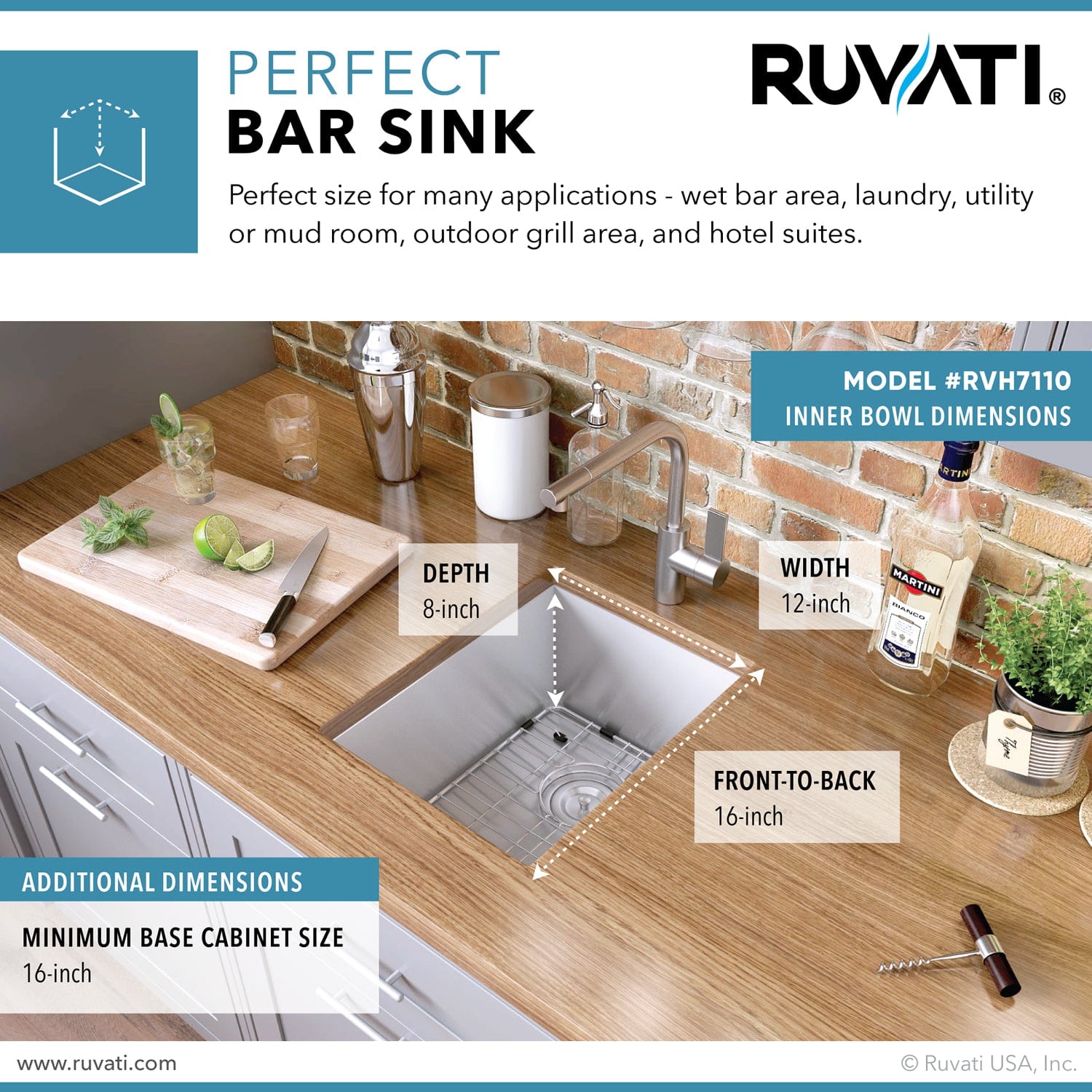 Ruvati 14-inch Undermount 16 Gauge Zero Radius Bar Prep Kitchen Sink Stainless Steel Single Bowl - RVH7110