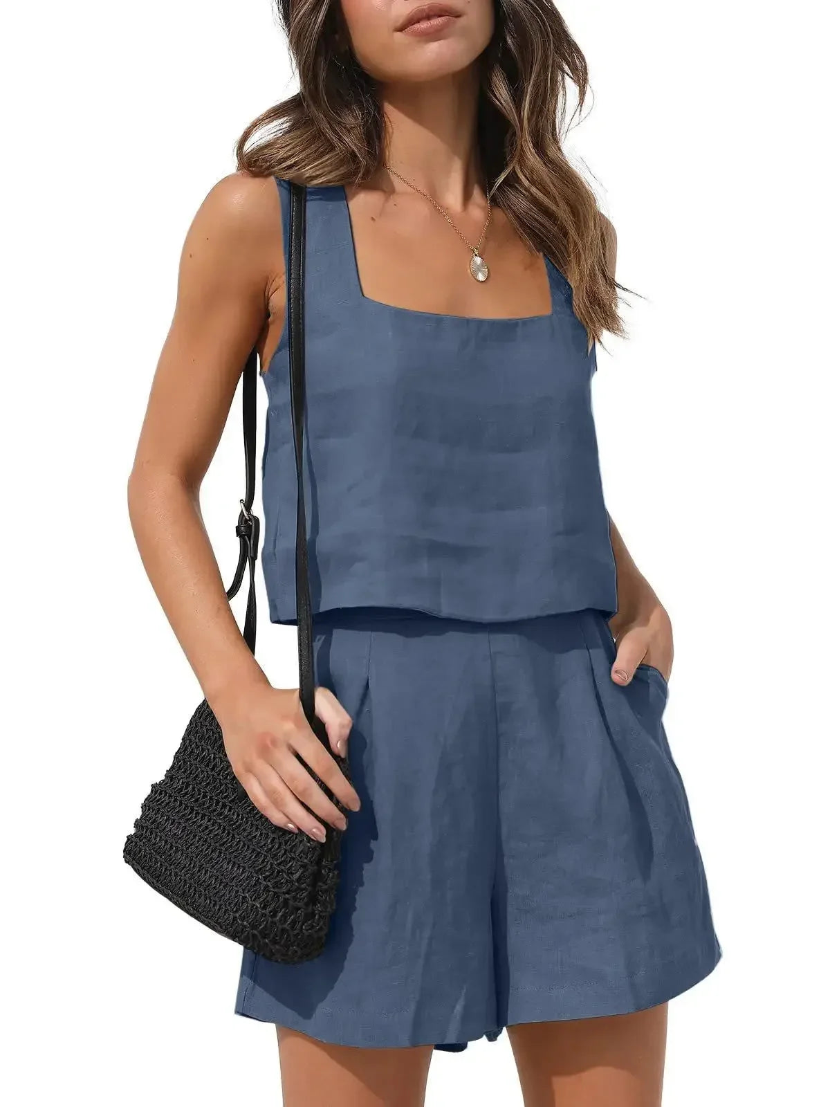 Breezy Linen Two-Piece Set?Sleeveless Top and Shorts Combo for Effortless Summer Style