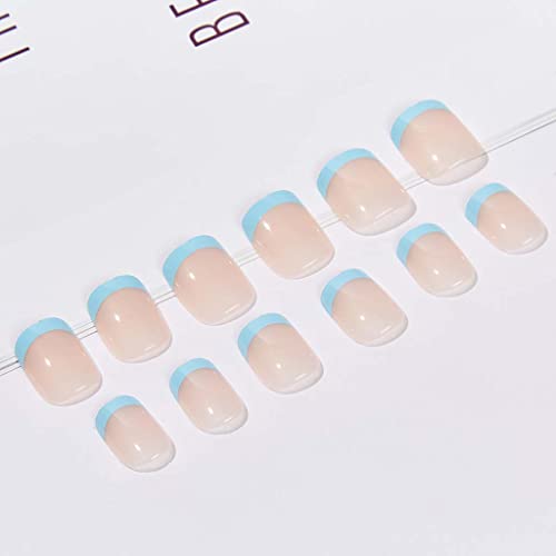 RikView Press on Nails French Tip Nails Oval Nail Tips Glossy Fake Nails False Nails with Design Full Cover Acrylic Nails (Blue)