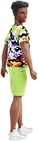 Barbie Ken Fashionistas Doll, Broad, Black Curly Hair, Multi-Colored Camo Print Shirt, Neon Green Shorts, Silvery Sneakers, Toy for Kids 3 to 8 Years Old