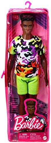 Barbie Ken Fashionistas Doll, Broad, Black Curly Hair, Multi-Colored Camo Print Shirt, Neon Green Shorts, Silvery Sneakers, Toy for Kids 3 to 8 Years Old