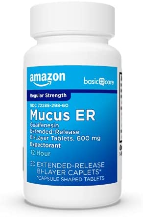Amazon Basic Care Guaifenesin Cough and Mucus Relief Extended-Release Tablets, 600 mg, 12 Hour Expectorant, 20 Count