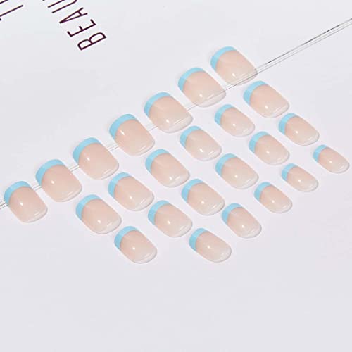 RikView Press on Nails French Tip Nails Oval Nail Tips Glossy Fake Nails False Nails with Design Full Cover Acrylic Nails (Blue)