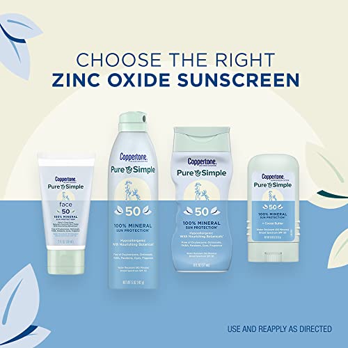 Coppertone Pure and Simple Zinc Oxide Mineral Sunscreen Lotion SPF 50, Body Sunscreen, Water Resistant, Broad Spectrum SPF 50 Sunscreen Pack, 6 Fl Oz Bottle, Pack of 2