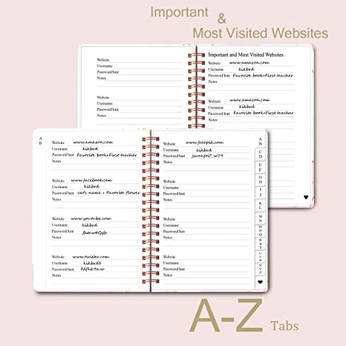 Password Book with Alphabetical Tabs - Spiral Password Notebook for Internet & Computer Login, Recording Website, Usernames, Passwords. Password Keeper for Home or Office, 5.1 x 6.9 in-Pink