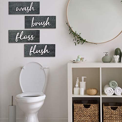 Jetec 4 Pieces Farmhouse Bathroom Wall Decors Wash Brush Floss Flush Signs Rustic Hanging Wooden Signs Primitive Bathroom Wall Arts Vintage Wooden Decorations for Home Laundry Room Bathroom (Gray)