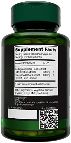 KIKI Green Fadogia Agrestis Extract with Tongkat ali for Men 1000mg Per Serving, 120 Capsules, Third Party Tested, Ultra Strength, Support Energy and Endurance, Gluten Free, Non-GMO, Vegan Capsules