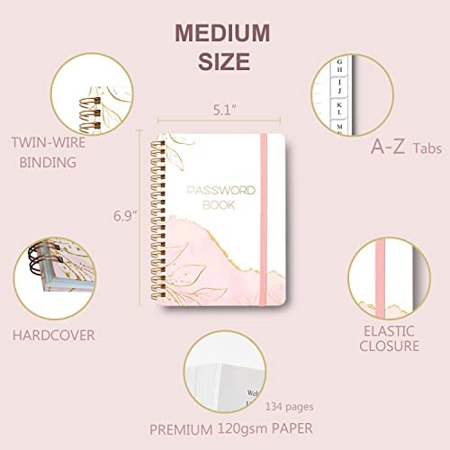 Password Book with Alphabetical Tabs - Spiral Password Notebook for Internet & Computer Login, Recording Website, Usernames, Passwords. Password Keeper for Home or Office, 5.1 x 6.9 in-Pink