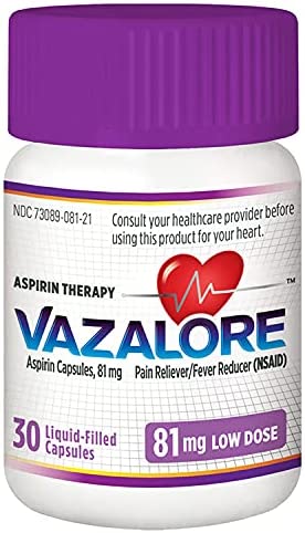 VAZALORE? Aspirin 81mg for Adults | Low Dose Aspirin Heart Therapy | Liquid-Filled Capsules to Help Protect Stomach | Pain Relief | 30 Count