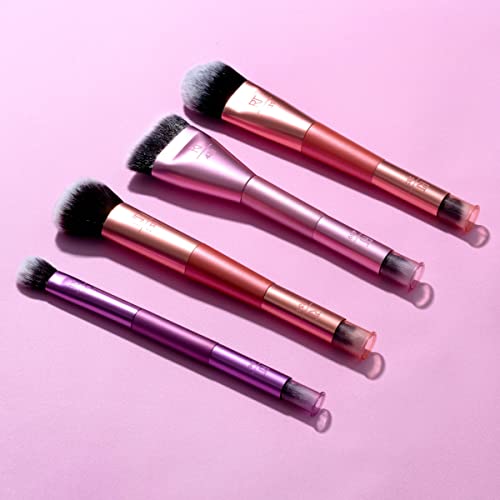 Real Techniques Sculpt & Shape Dual Ended 2-in-1 Makeup Brush, Contours Cheek, Nose, Eyes and Highlighter, Flat Head Blends & Intensifies Contour, Pink, 1 Count