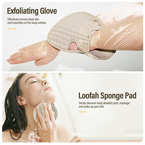 Suntee Exfoliating Back Scrubber for Shower, 3 PCS Loofah Back Scrubber with Exfoliating Glove and Sponge Pad Set, Long Deep Clean Back Washer Bath Shower Scrubber for Men and Women (36.5*4.5 inch)