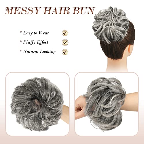 FESHFEN Messy Bun Hair Piece Large Gray Hair Bun Scrunchies Extensions Synthetic Salt and Pepper Easy Bun Tousled Updo Grey Hairpieces for Women Girls