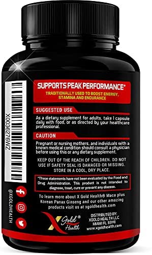 Maca Root Capsules 10,000mg + Korean Panax Ginseng 1,400mg - 20x Concentrated Extract Black + Red + Yellow Maca Root, 10x Concentrated Extract Panax Ginseng Capsules - Ultra Potent & Highly Purified