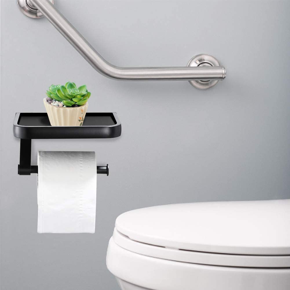 Matte Black Toilet Paper Holder with Phone Shelf, GIGRIN Space Aluminum Adhesive Toilet Tissue Holder Wall Mount TP Roll Holder for RV Home Bathroom